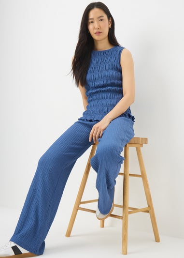 Blue Textured Wide Leg Co Ord Trousers