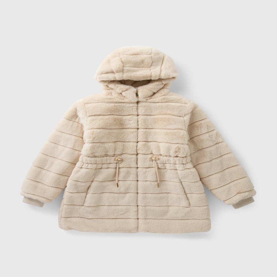 Girls Cream Faux Fur Tiered Coat (7-15yrs)