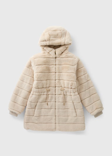 Girls Cream Faux Fur Tiered Coat (7-15yrs)