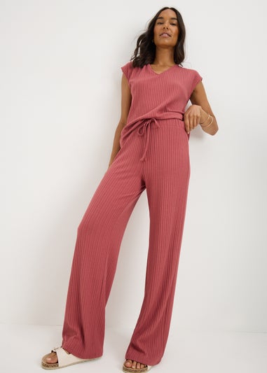 Pink Co-Ord Ribbed Wide Leg Trousers