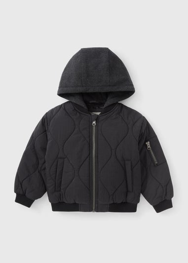Boys Black Quilted Hooded Bomber Jacket (1-7yrs)