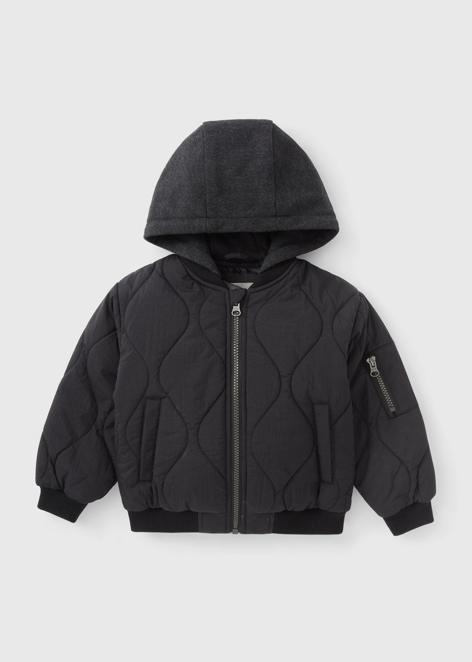 Boys Black Quilted Hooded Bomber Jacket (1-7yrs)