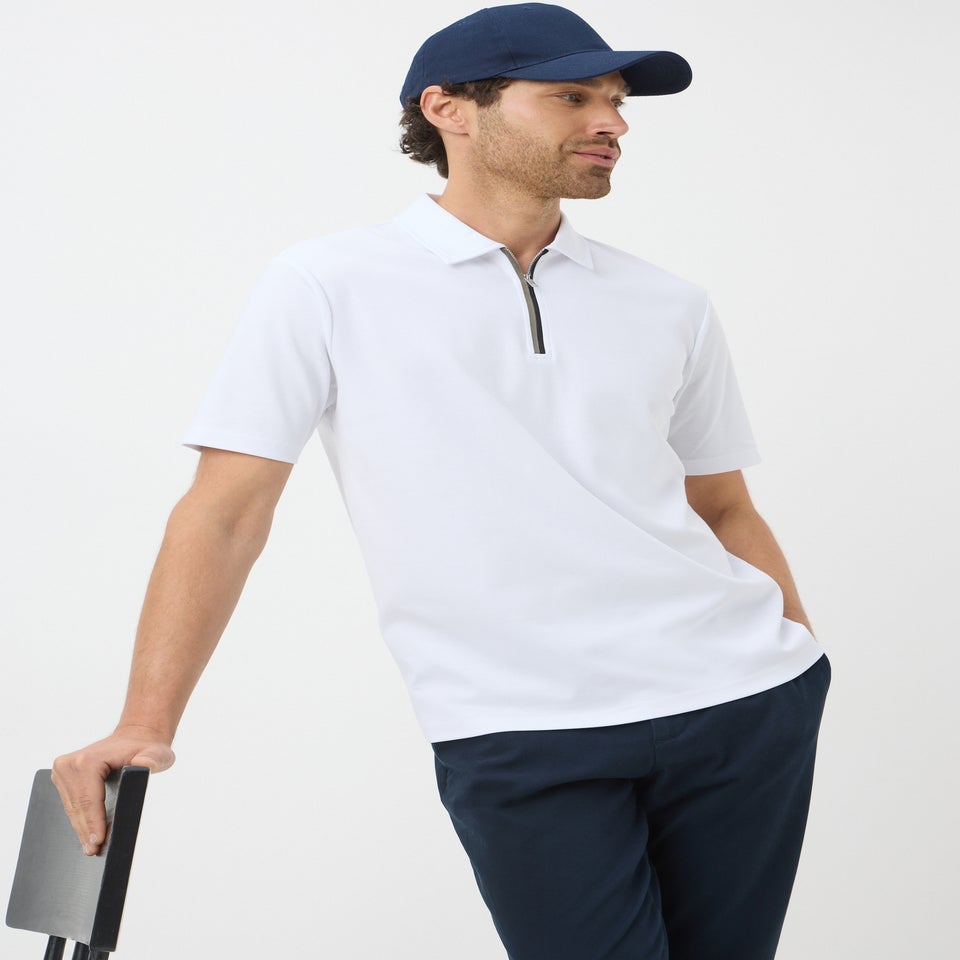 White 1/4 Zip Liquid Cotton Polo Shirt