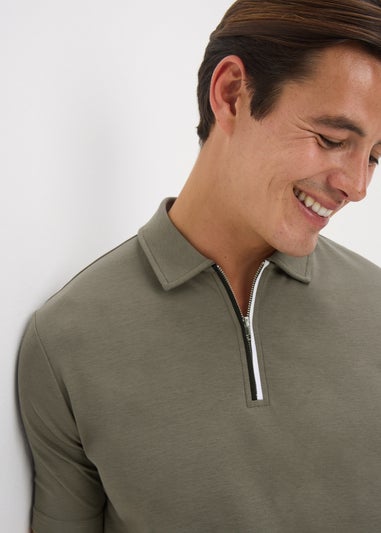 Khaki 1/4 Zip Liquid Cotton Polo Shirt