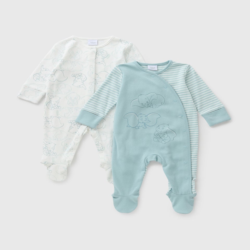 Disney 2 Pack Baby Blue Dumbo Sleepsuits