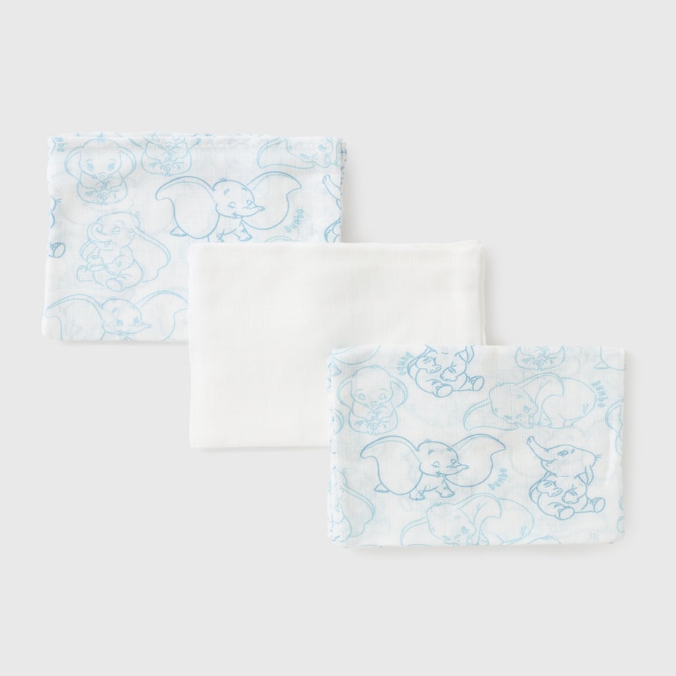 Disney 3 Pack Baby Blue Dumbo Muslin Cloths