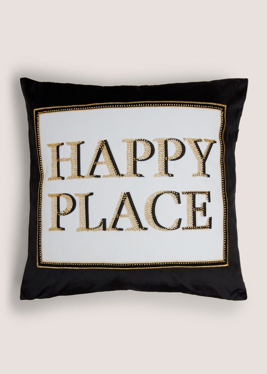 Black & White Embroidered Happy Place Cushion