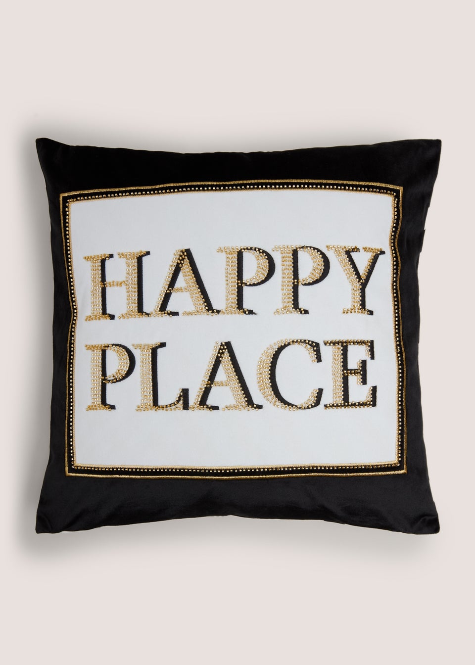 Black & White Embroidered Happy Place Cushion