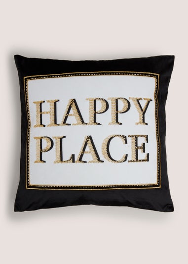 Black & White Embroidered Happy Place Cushion
