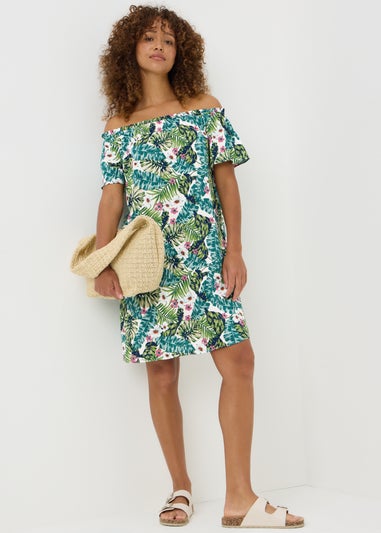 Tropical Floral Print Bardot Mini Dress
