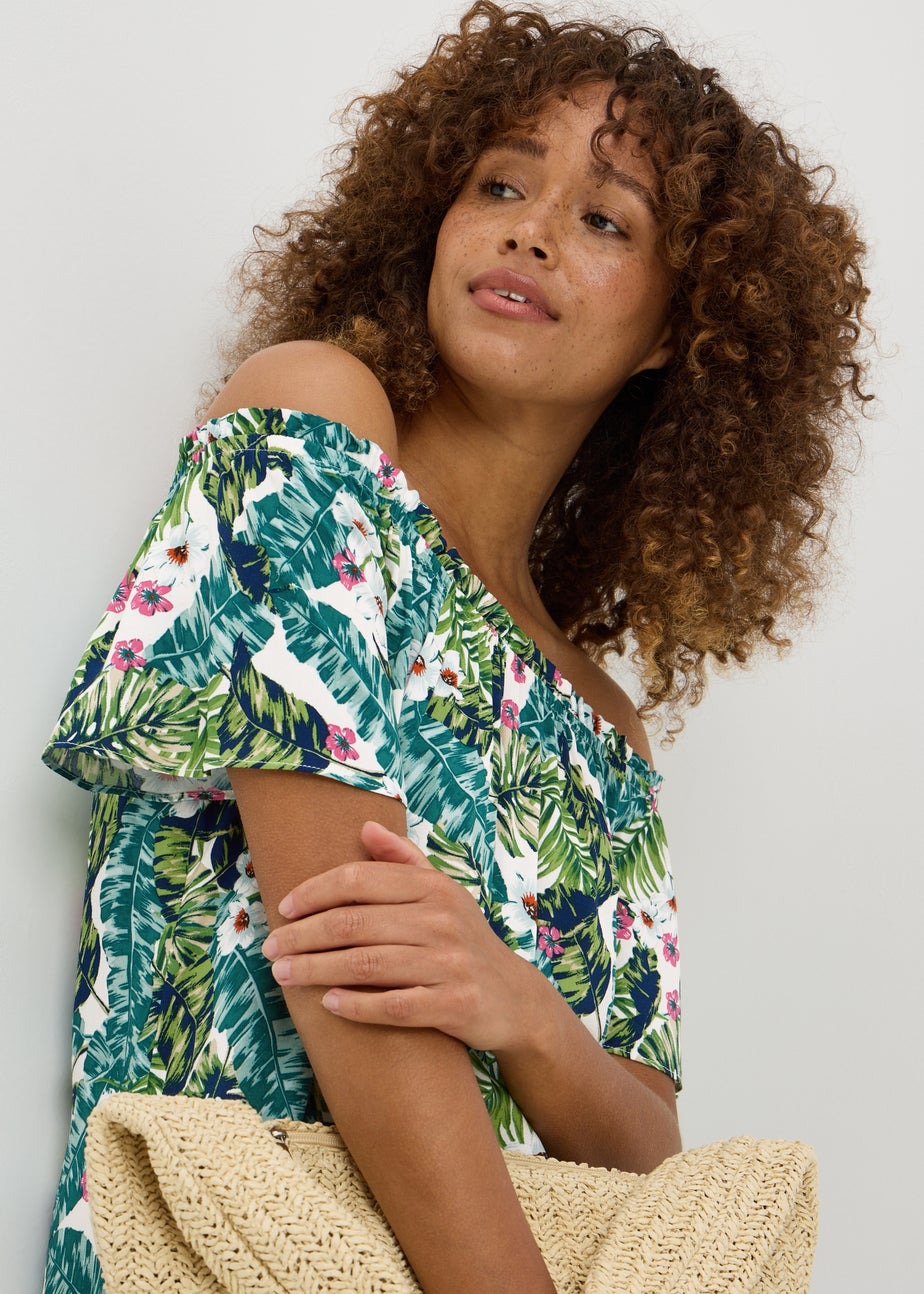 Tropical Floral Print Bardot Mini Dress