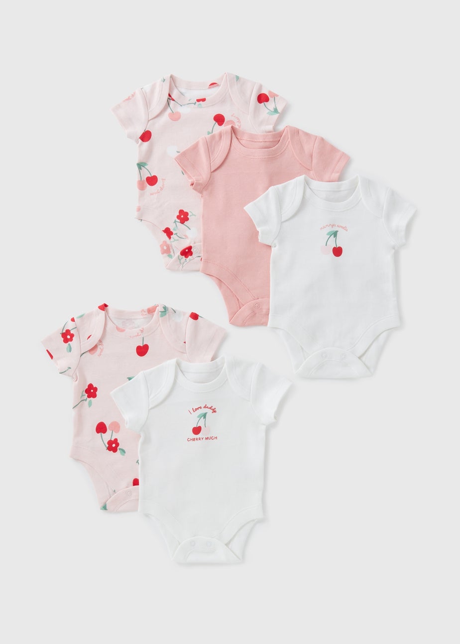 5 Pack Baby Pink Cherry Floral Bodysuits (Newborn-23mths)