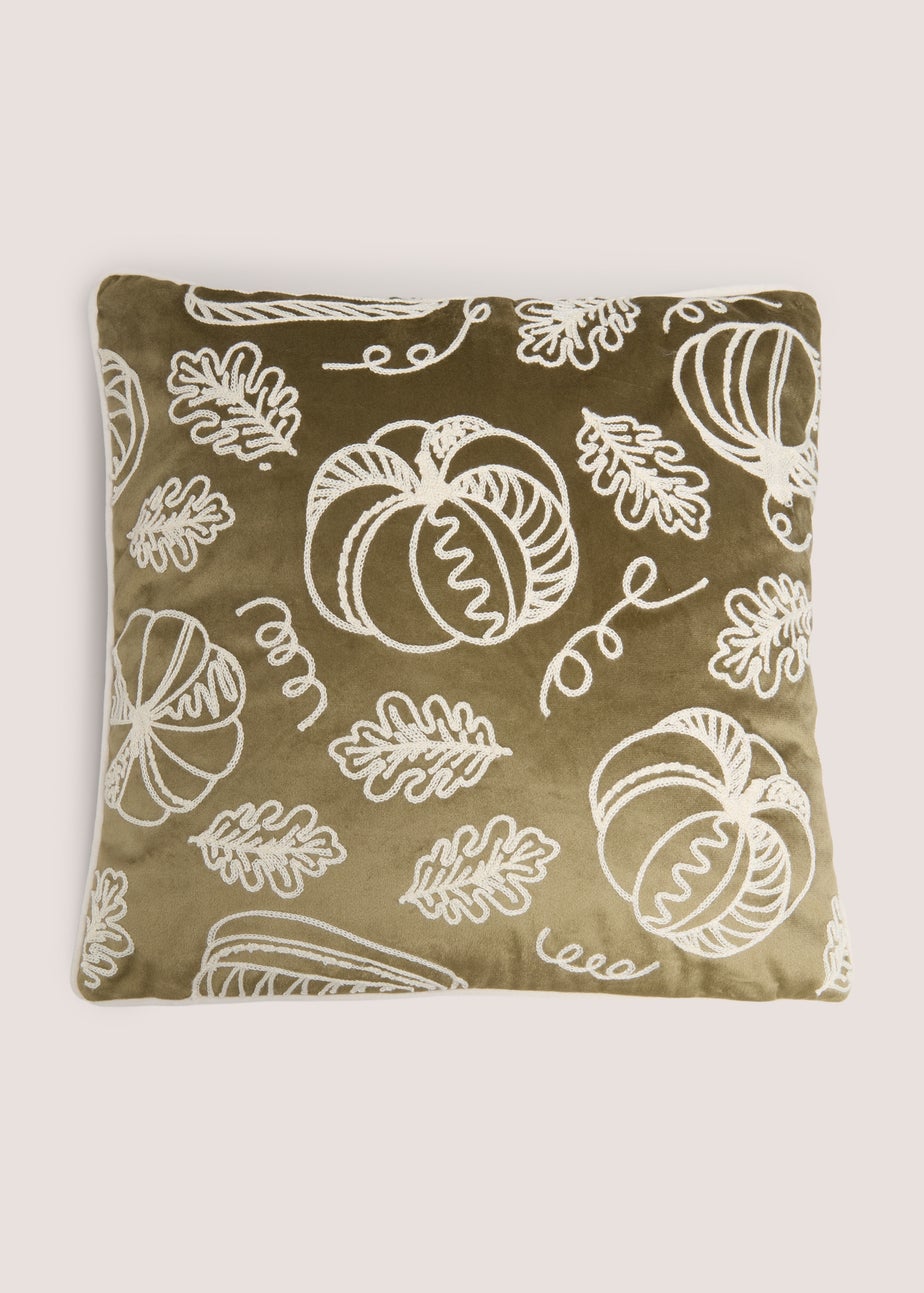 Green Velvet Embroidered Pumpkin Cushion