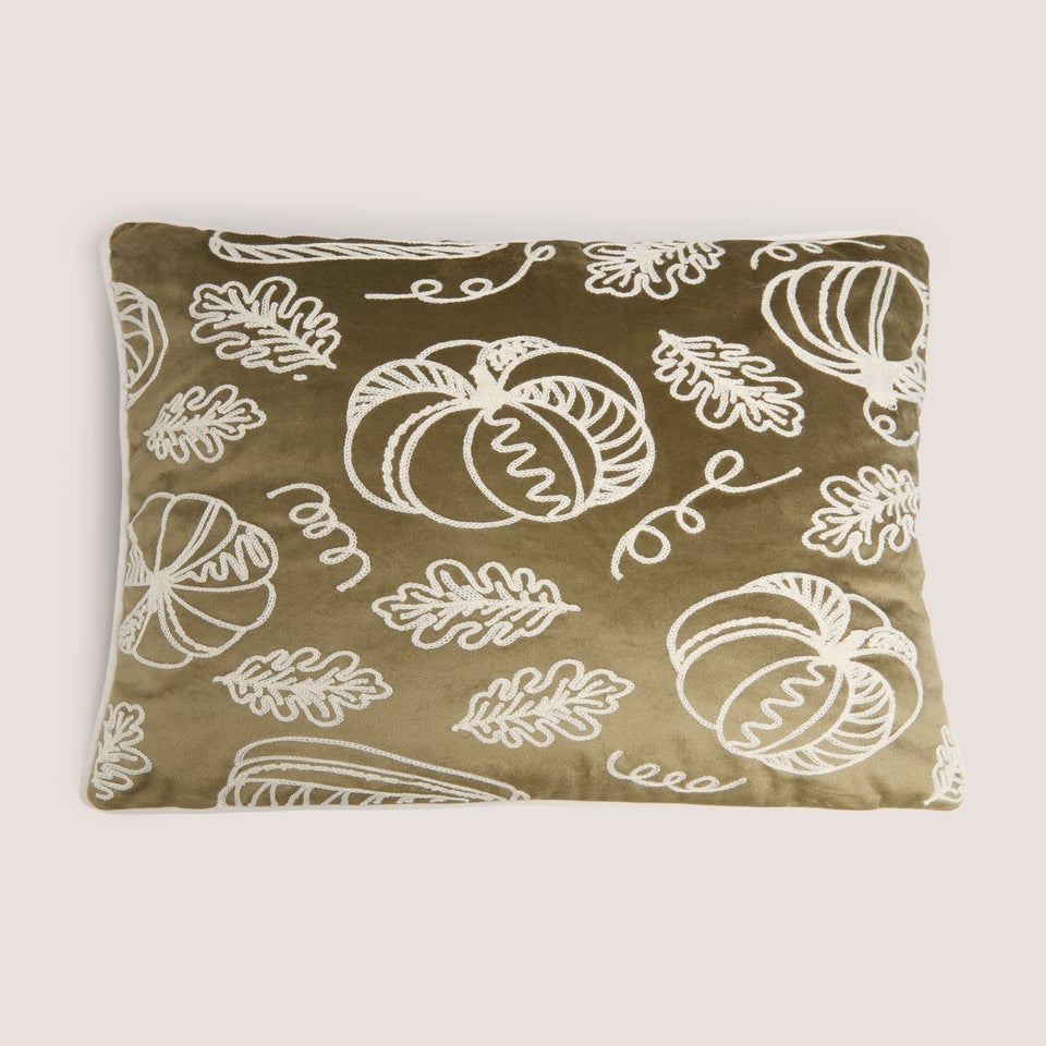 Green Velvet Embroidered Pumpkin Cushion