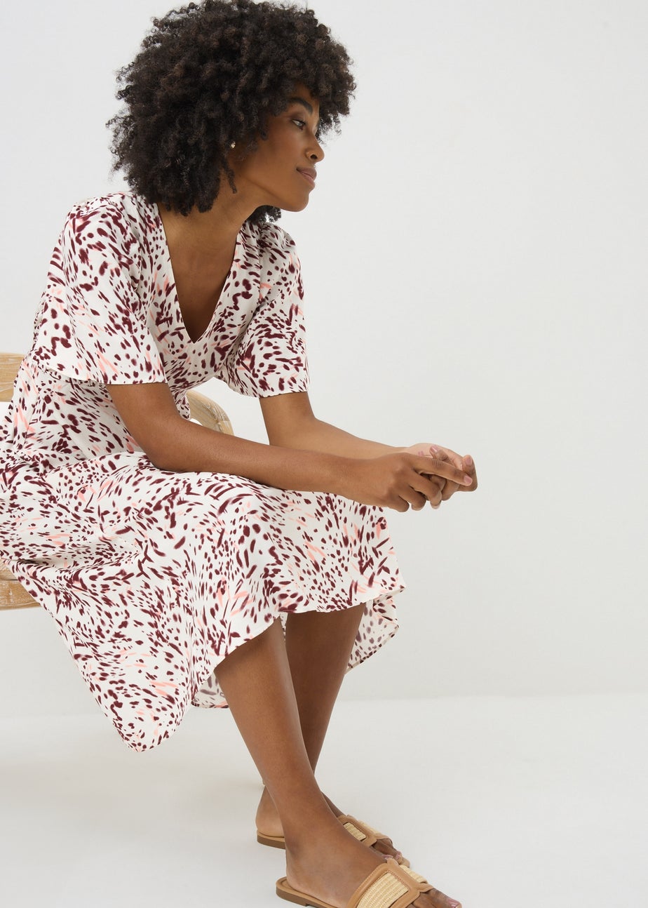 Burgundy Spot Print V Neck Midi Dress