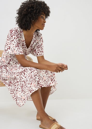 Burgundy Spot Print V Neck Midi Dress