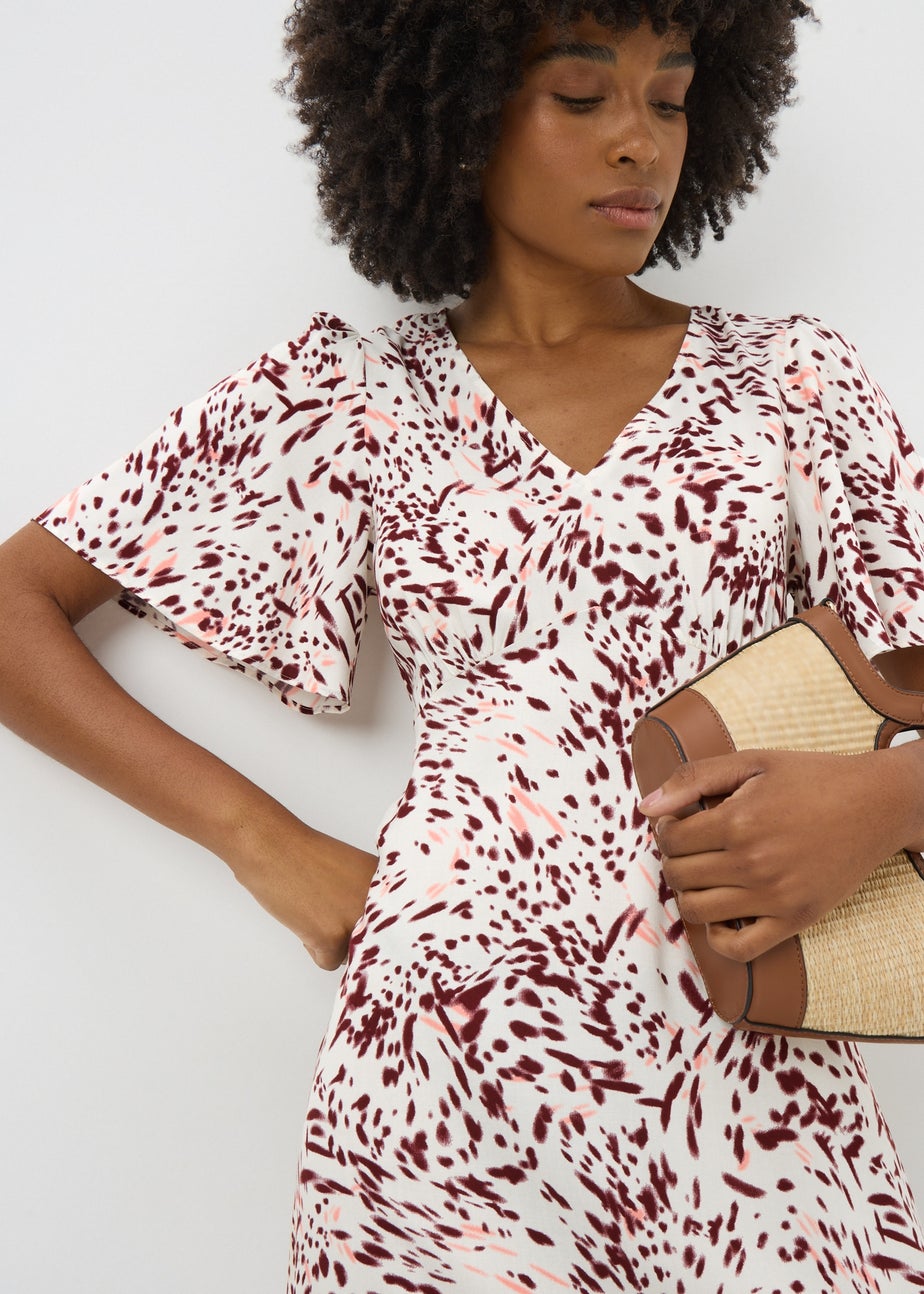Burgundy Spot Print V Neck Midi Dress