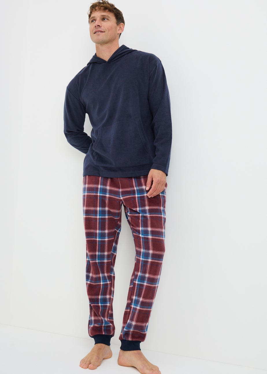 Navy Check Microfleece Hooded Pyjama Set