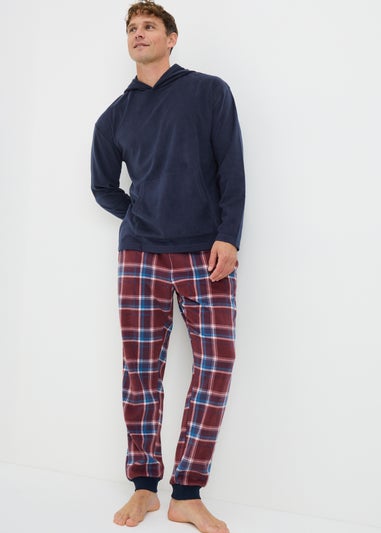 Navy Check Microfleece Hooded Pyjama Set