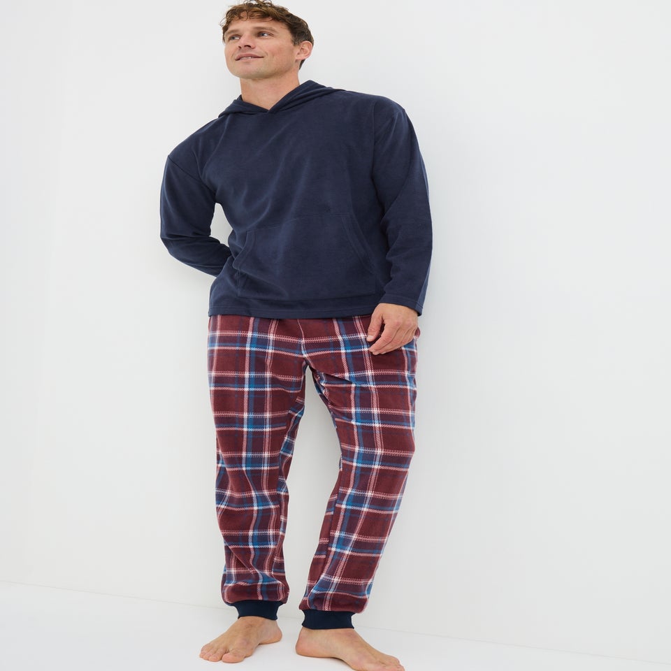 Navy Check Microfleece Hooded Pyjama Set