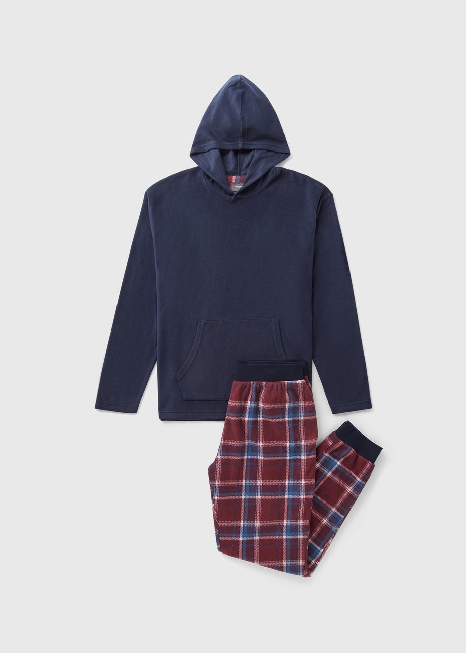 Navy Check Microfleece Hooded Pyjama Set
