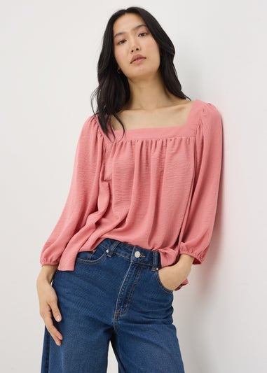 Pink Square Neck 3/4 Sleeve Blouse