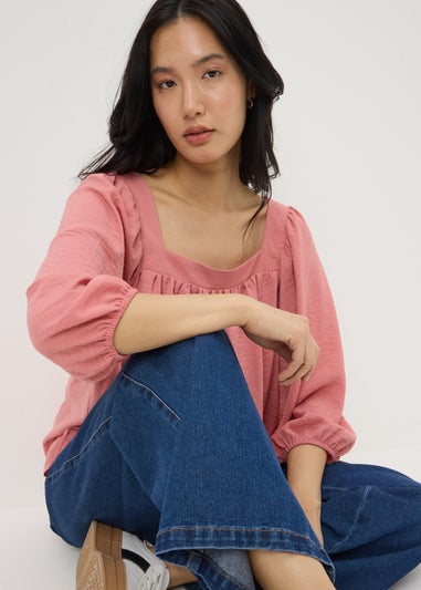 Pink Square Neck 3/4 Sleeve Blouse