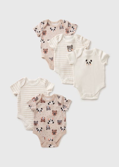 5 Pack Baby Beige Panda Stripe Bodysuits (Newborn-23mths)