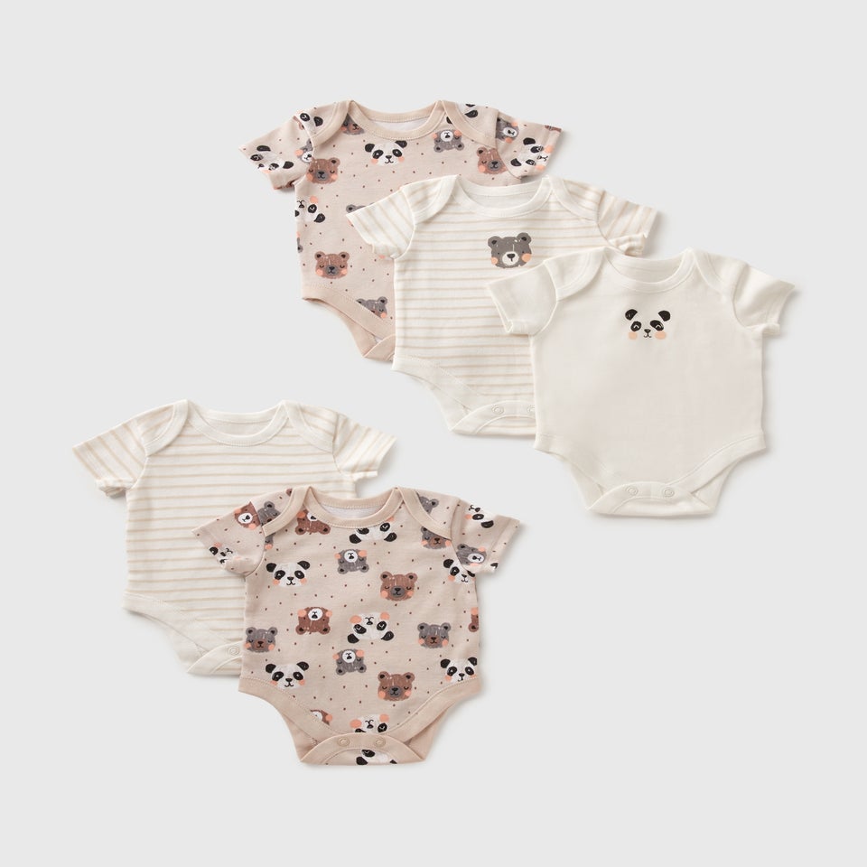 5 Pack Baby Beige Panda Stripe Bodysuits (Newborn-23mths)