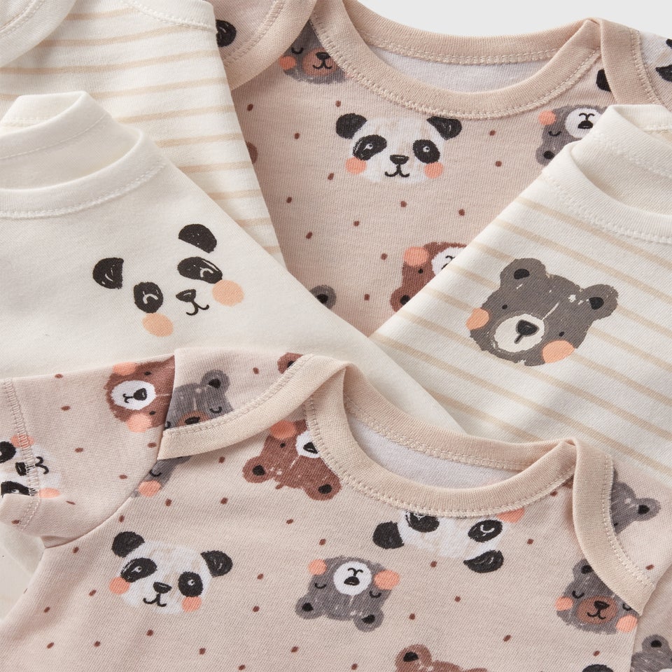5 Pack Baby Beige Panda Stripe Bodysuits (Newborn-23mths)