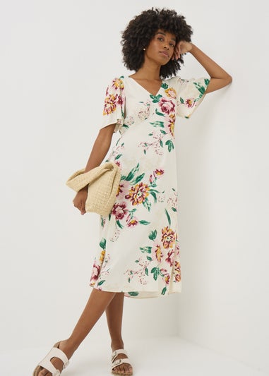 Cream Floral V Neck Midi Tea Dress