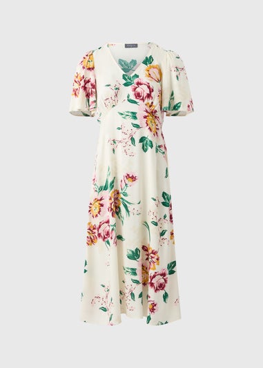 Cream Floral V Neck Midi Tea Dress