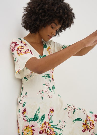 Cream Floral V Neck Midi Tea Dress