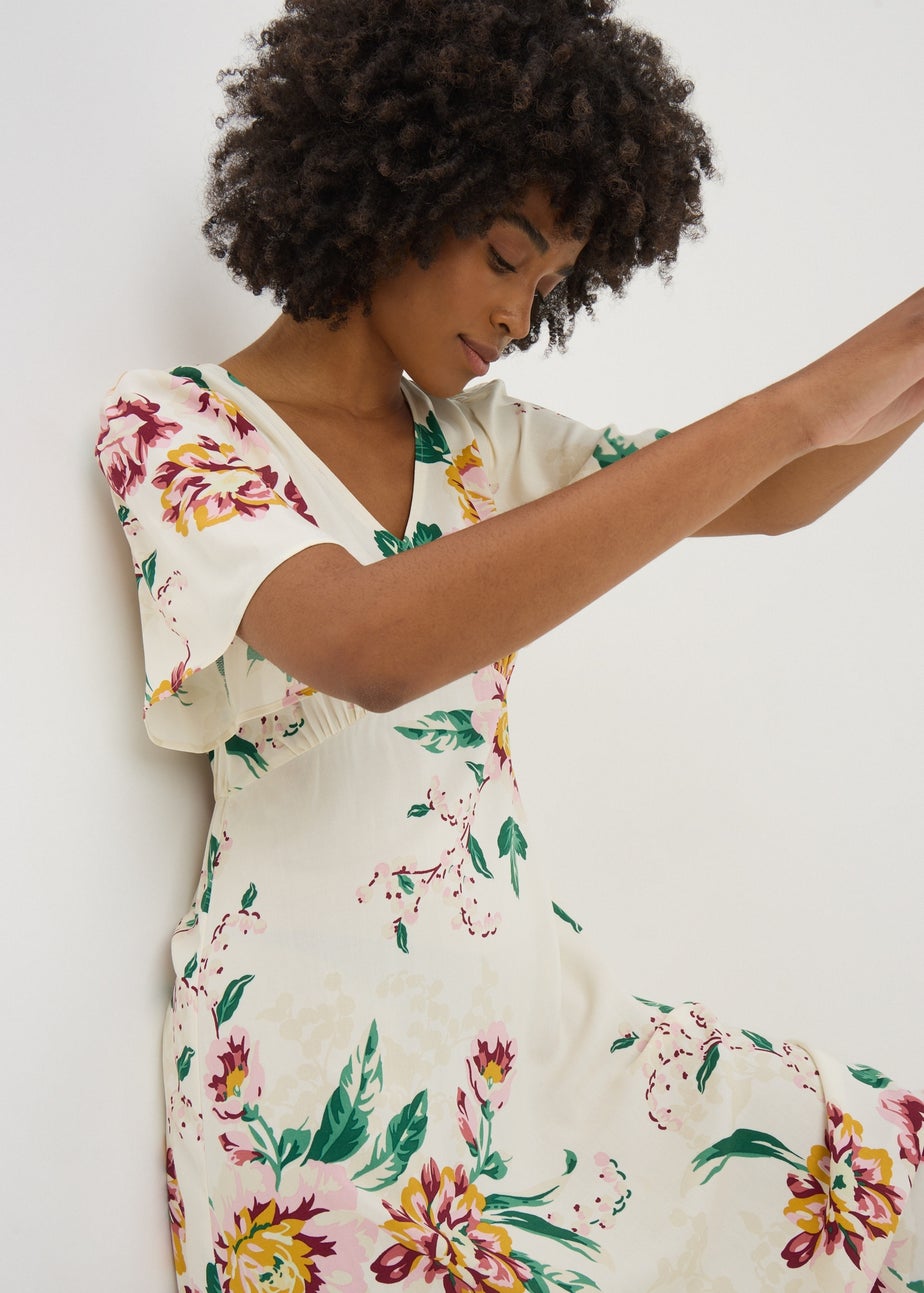 Cream Floral V Neck Midi Tea Dress