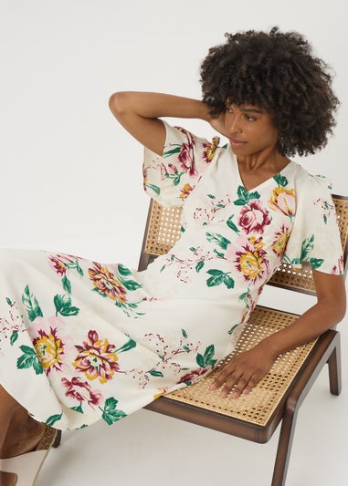 Cream Floral V Neck Midi Tea Dress