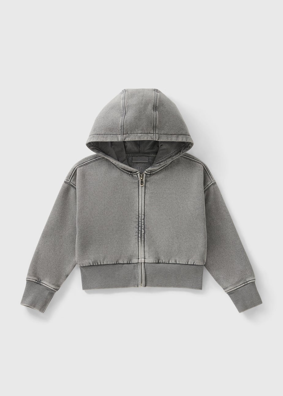 Girls Grey Acid Wash Zip Up Hoodie (7-15yrs)