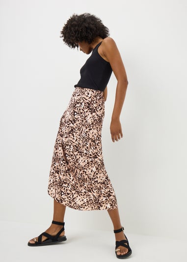 Brown Animal Print Pull On Midi Skirt