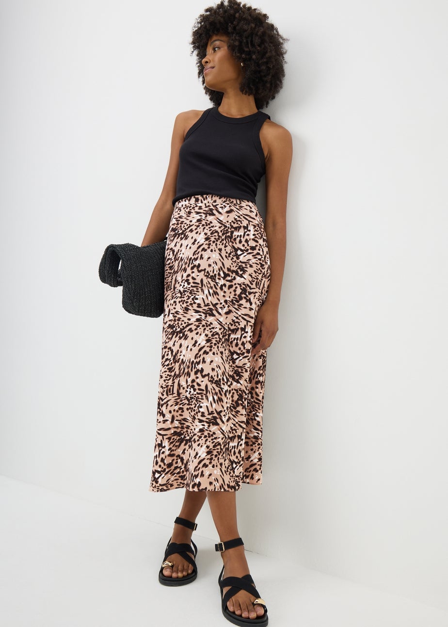 Brown Animal Print Pull On Midi Skirt