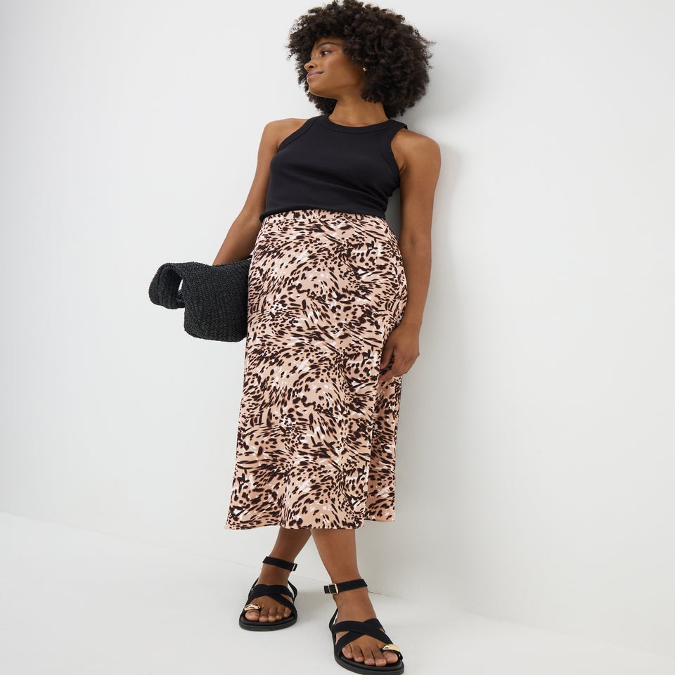 Brown Animal Print Pull On Midi Skirt