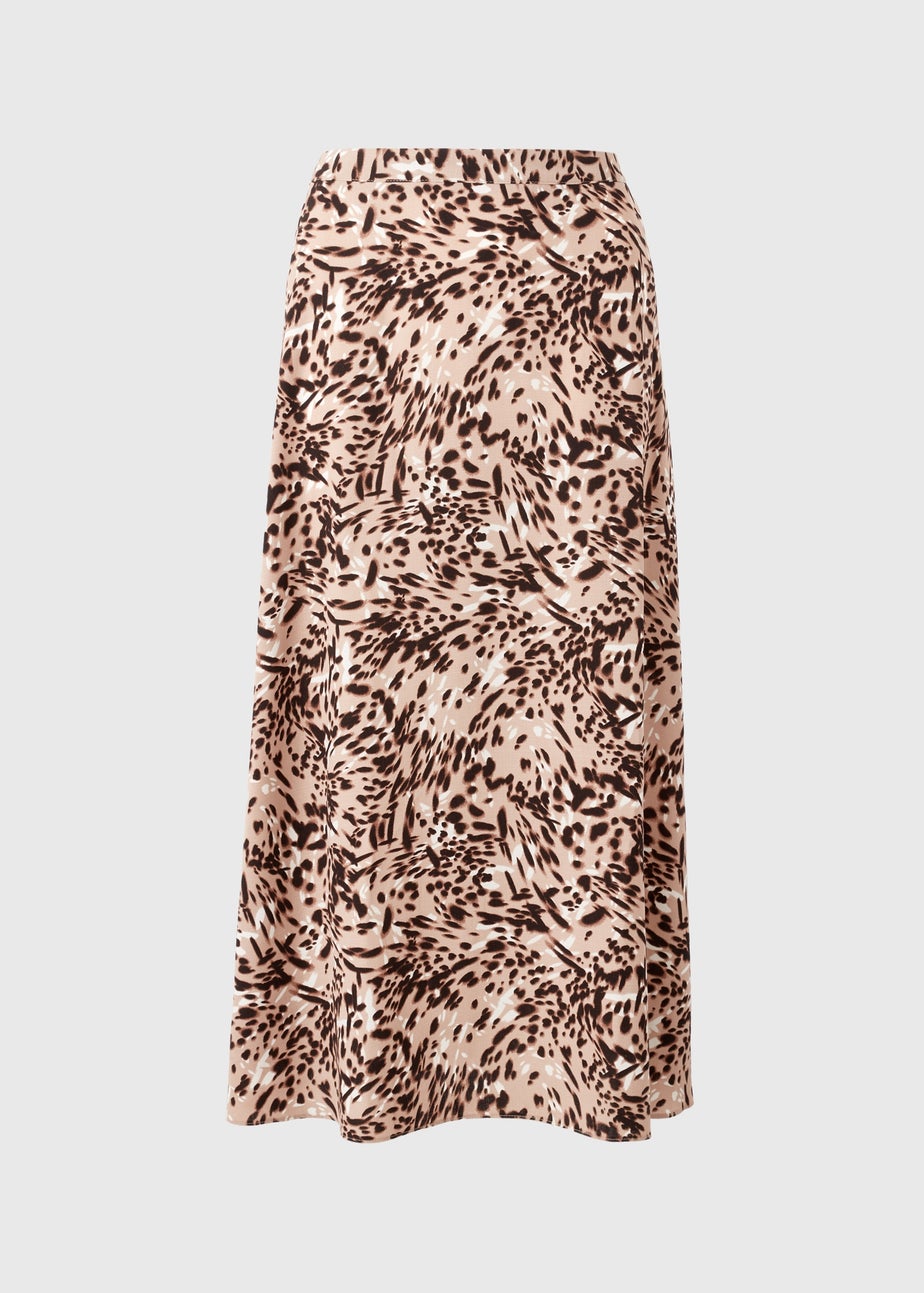 Brown Animal Print Pull On Midi Skirt