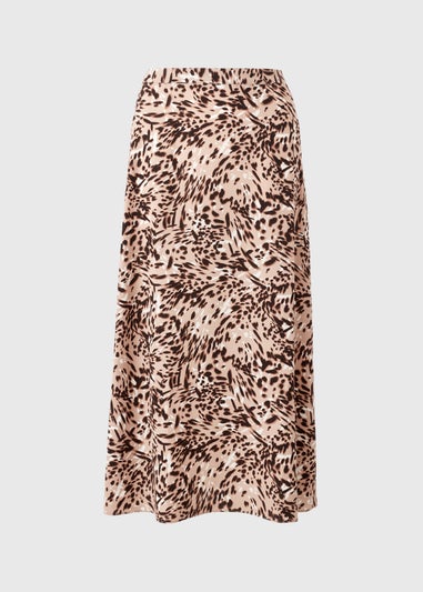 Brown Animal Print Pull On Midi Skirt