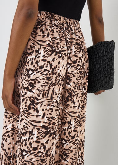 Brown Animal Print Pull On Midi Skirt