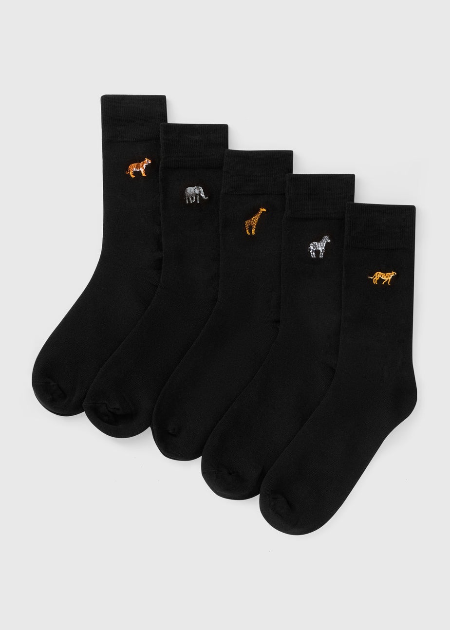 5 Pack Black Safari Embroidered Socks