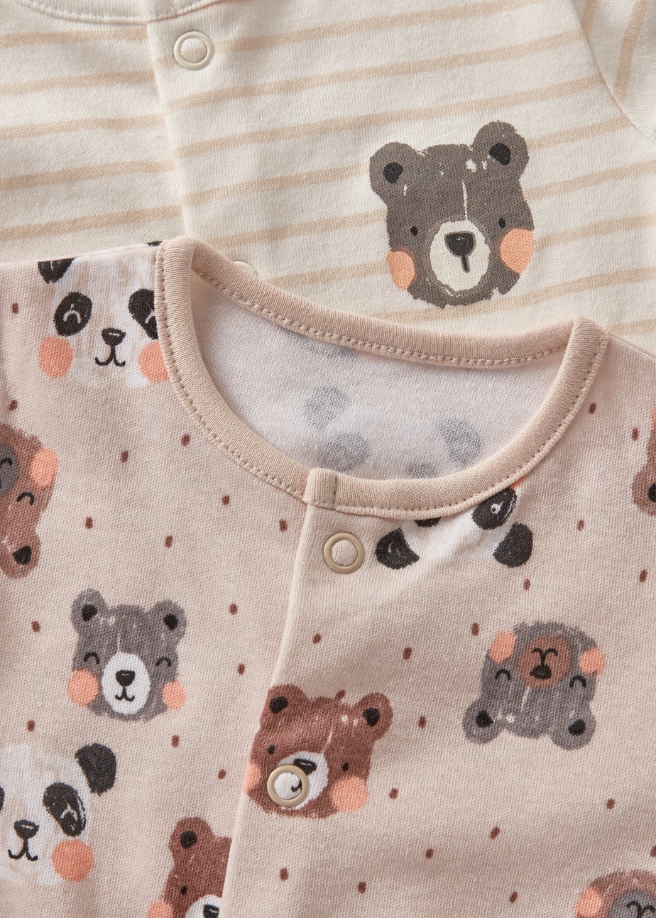 2 Pack Baby Beige Panda Stripe Sleepsuits (Newborn-23mths)