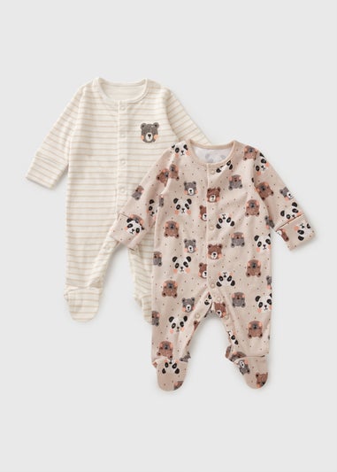 2 Pack Baby Beige Panda Stripe Sleepsuits (Newborn-23mths)