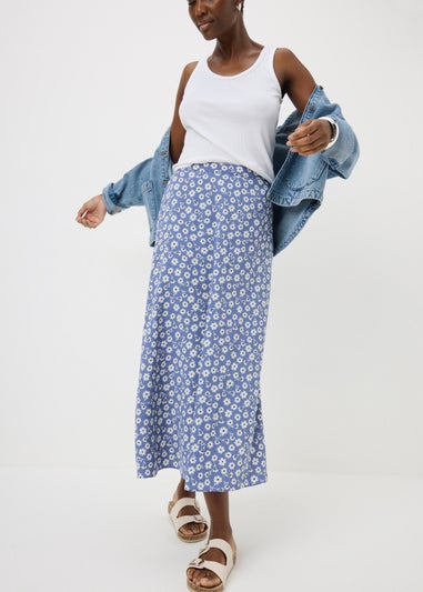 Blue Floral Pull On Midaxi Skirt