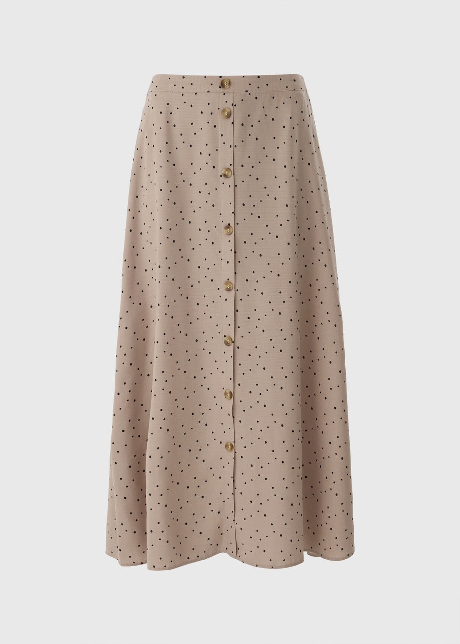 Taupe Spot Print Button Down Midi Skirt