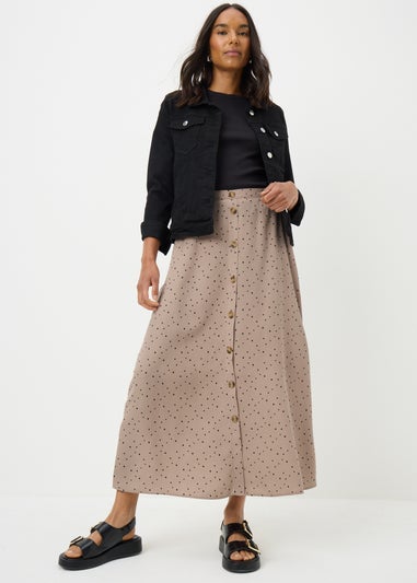 Taupe Spot Print Button Down Midi Skirt