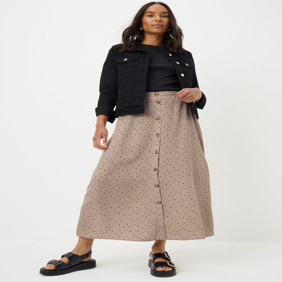 Taupe Spot Print Button Down Midi Skirt