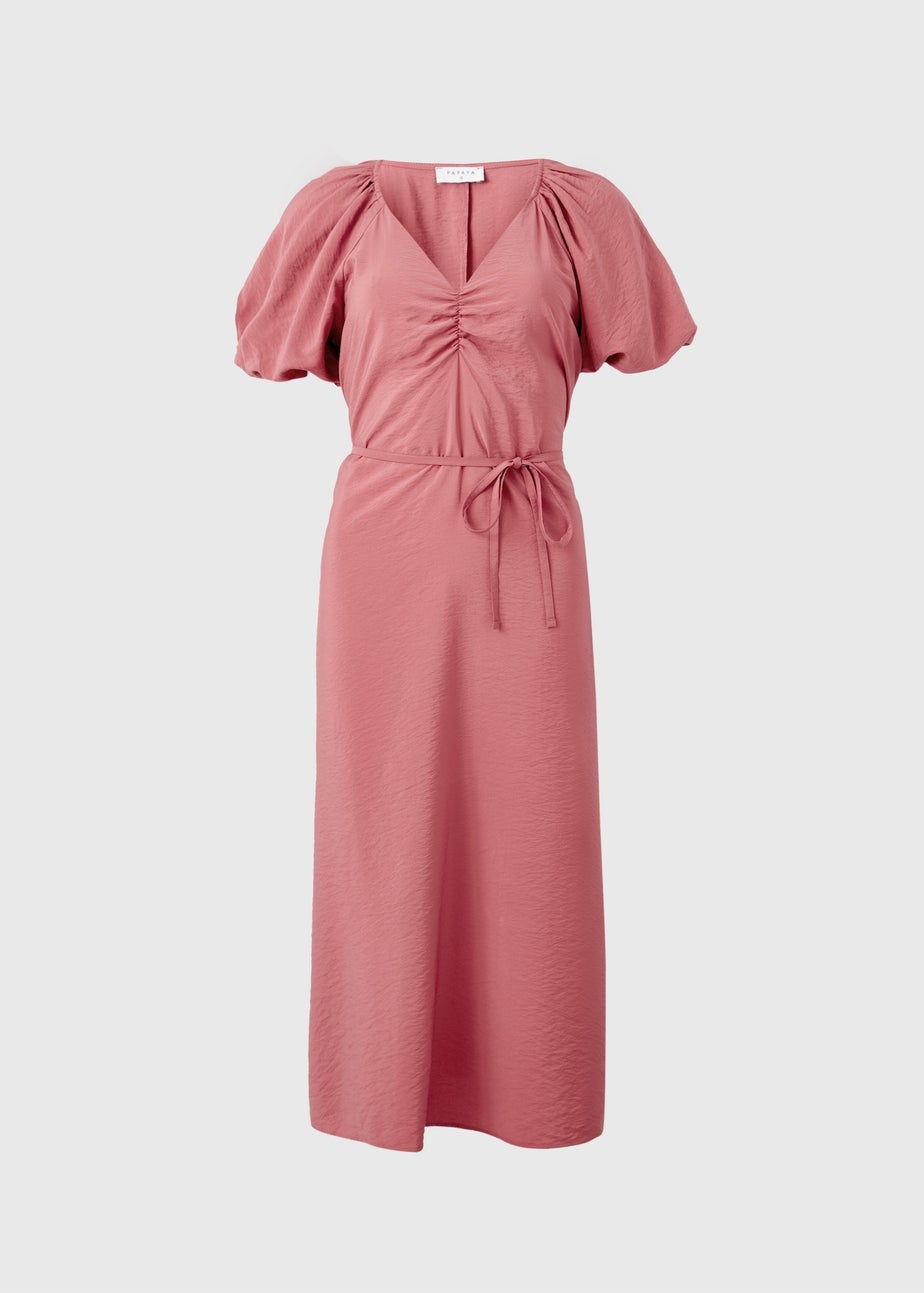 Pink Puff Sleeve Tie Detail Midi Dress